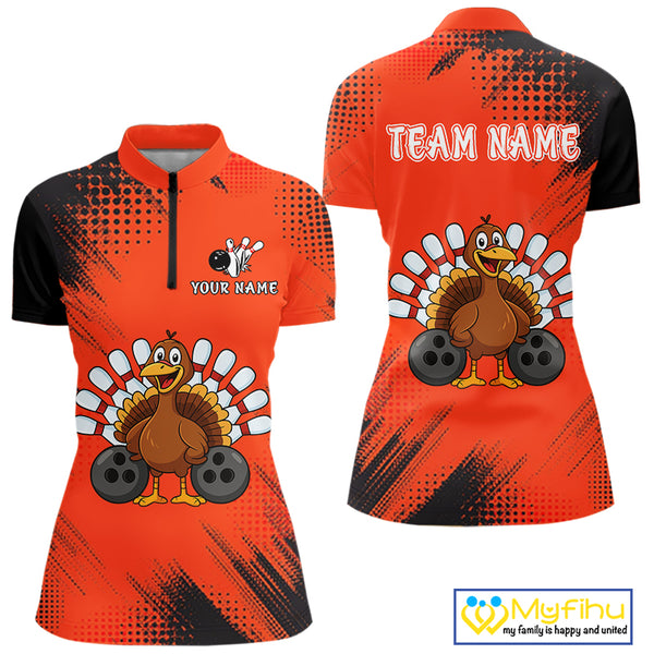 Custom Orange Turkey Bowling Shirt For Women, Thanksgiving Bowling Team Jersey Bowler Outfit NQS10369