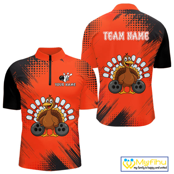 Custom Orange Turkey Bowling Shirt For Men, Thanksgiving Bowling Team Jersey Bowler Outfit NQS10369