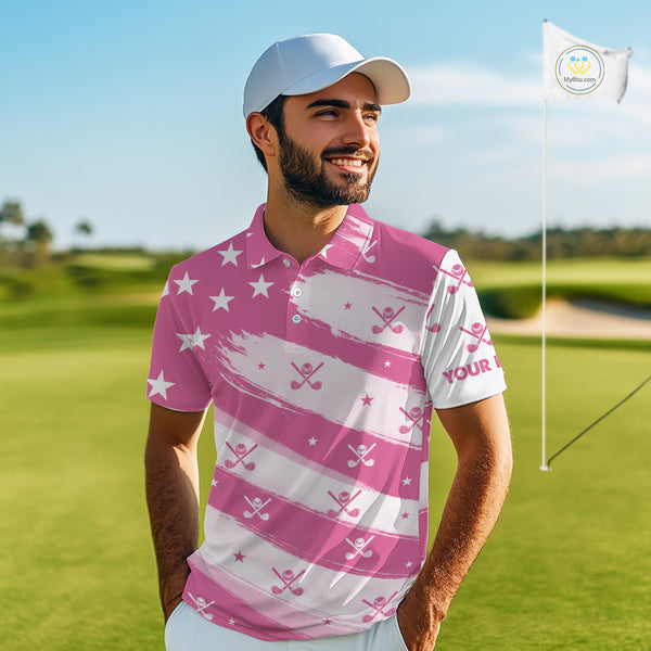 Pink American Flag Men golf polo shirt custom patriotic golf outfits men, cool golf gifts NQS10092