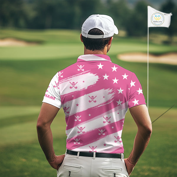 Pink American Flag Men golf polo shirt custom patriotic golf outfits men, cool golf gifts NQS10092