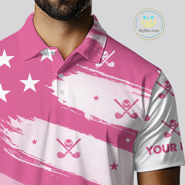 Pink American Flag Men golf polo shirt custom patriotic golf outfits men, cool golf gifts NQS10092