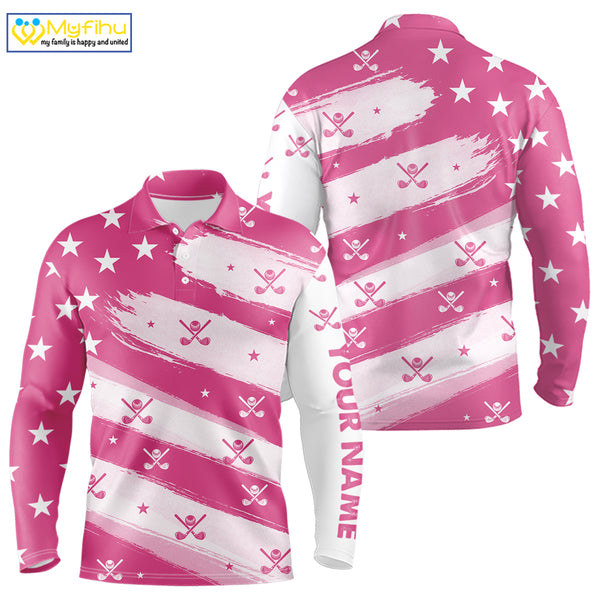Pink American Flag Men golf polo shirt custom patriotic golf outfits men, cool golf gifts NQS10092