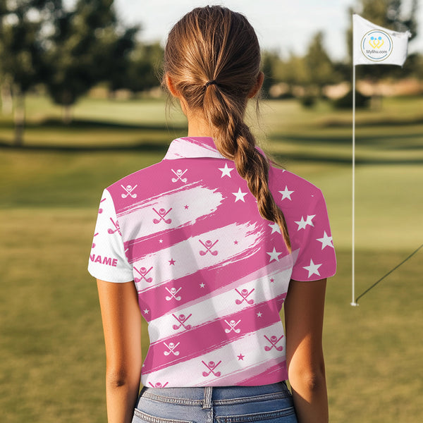Pink American Flag Women golf polo shirt custom patriotic golf outfits ladies, cool golf gifts NQS10092