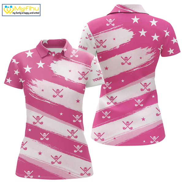 Pink American Flag Women golf polo shirt custom patriotic golf outfits ladies, cool golf gifts NQS10092
