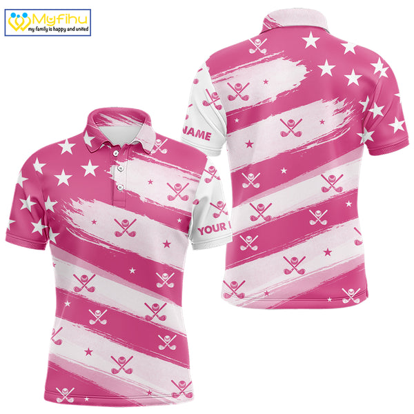 Pink American Flag Men golf polo shirt custom patriotic golf outfits men, cool golf gifts NQS10092