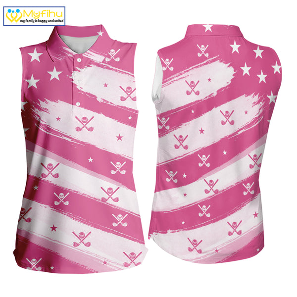 Pink American Flag Womens Sleeveless polo shirt, patriotic golf outfits ladies, cool golf gifts NQS10092