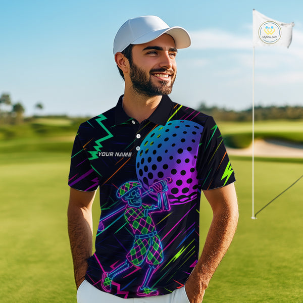 Colorful Neon skull golfer Men golf polo shirt custom golf attire for men, cool golf gifts NQS10098