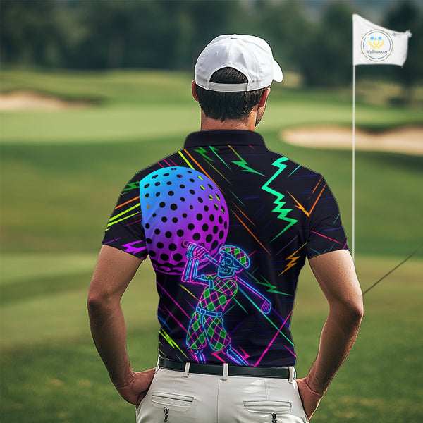Colorful Neon skull golfer Men golf polo shirt custom golf attire for men, cool golf gifts NQS10098