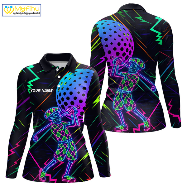 Colorful Neon skull golfer Women golf polo shirt custom golf attire for ladies, cool golf gifts NQS10098