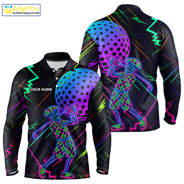 Colorful Neon skull golfer Men golf polo shirt custom golf attire for men, cool golf gifts NQS10098