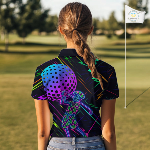 Colorful Neon skull golfer Women golf polo shirt custom golf attire for ladies, cool golf gifts NQS10098