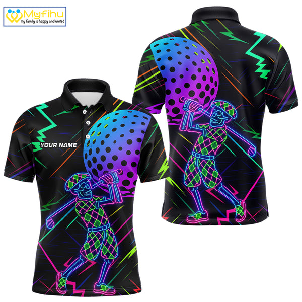 Colorful Neon skull golfer Men golf polo shirt custom golf attire for men, cool golf gifts NQS10098