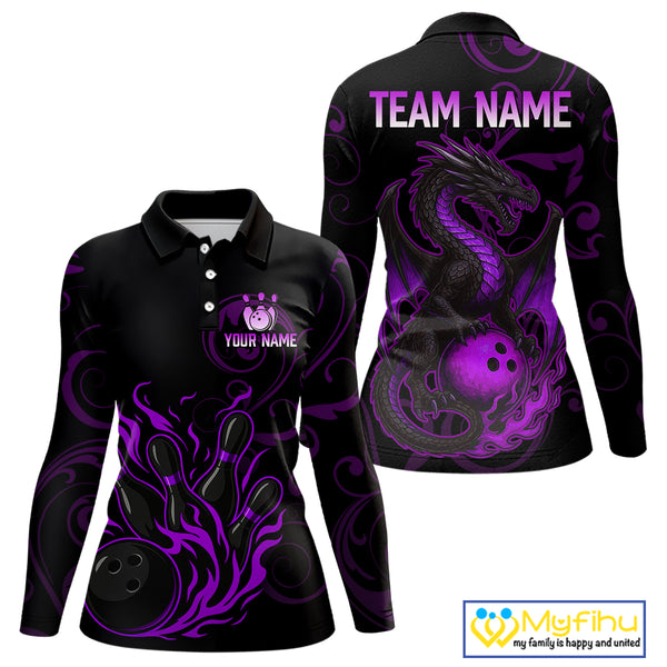 Black And Purple Flame Custom Dragon Bowling Team Shirts For Women, Bowling Uniform Outfit NQS9963