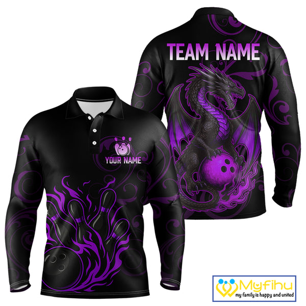 Black And Purple Flame Custom Dragon Bowling Team Shirts For Men, Bowling Uniform Outfit NQS9963