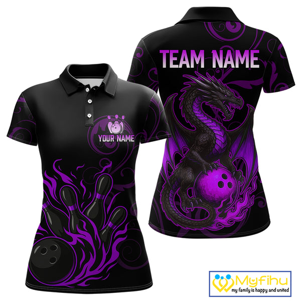 Black And Purple Flame Custom Dragon Bowling Team Shirts For Women, Bowling Uniform Outfit NQS9963
