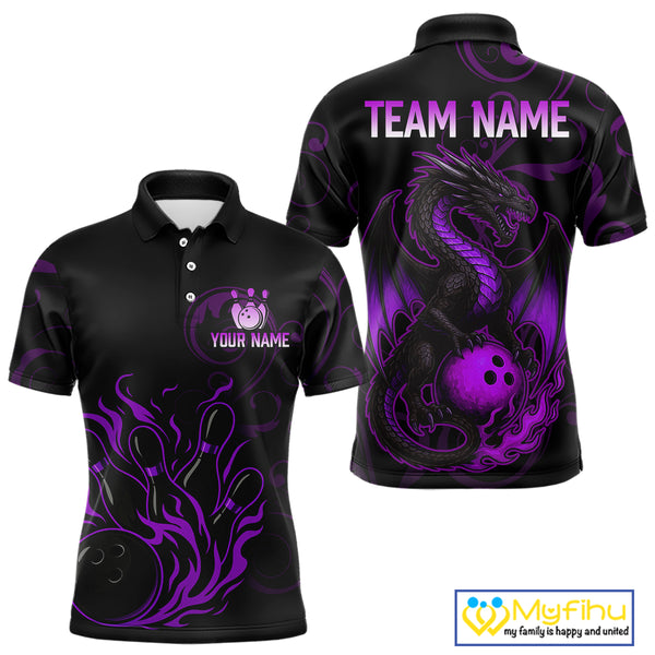 Black And Purple Flame Custom Dragon Bowling Team Shirts For Men, Bowling Uniform Outfit NQS9963