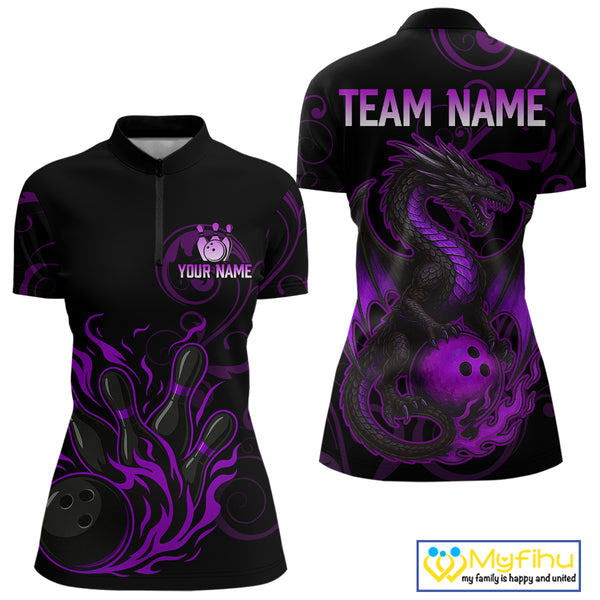 Black And Purple Flame Custom Dragon Bowling Team Shirts For Women, Bowling Uniform Outfit NQS9963