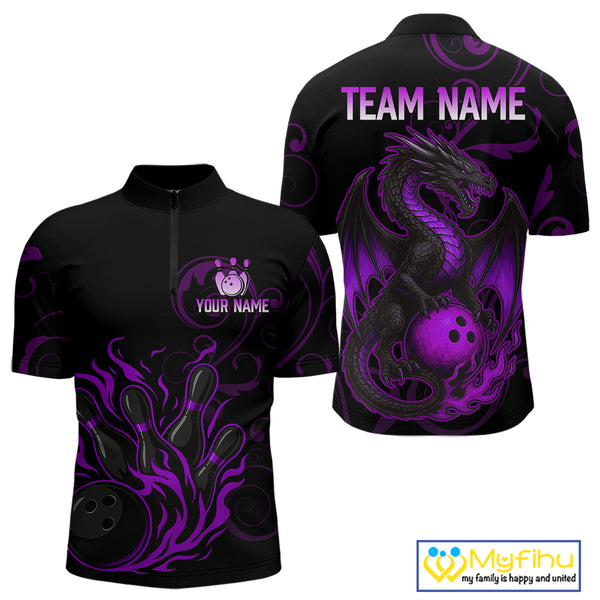 Black And Purple Flame Custom Dragon Bowling Team Shirts For Men, Bowling Uniform Outfit NQS9963