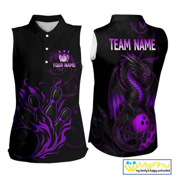 Black And Purple Flame Custom Dragon Bowling sleeveless polo Team Shirts, Bowling Uniform Outfit NQS9963