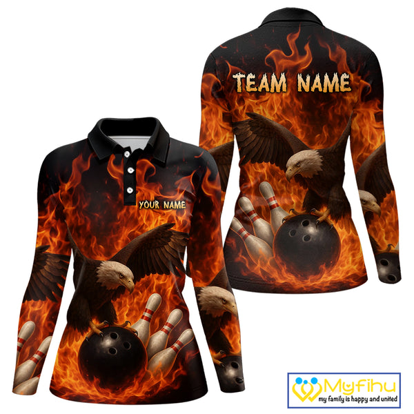 Flame Eagle Bowling Polo, Quarter Zip Shirts For Women Custom Eagle Bowling Team Jerseys NQS9972