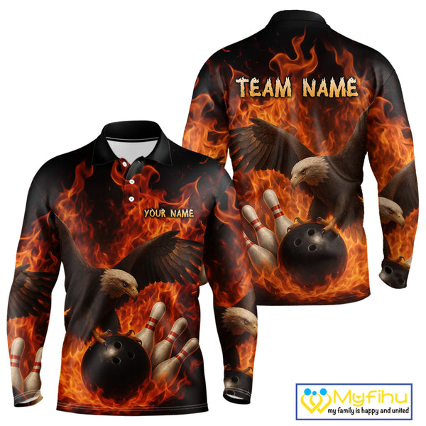 Flame Eagle Bowling Polo, Quarter Zip Shirts For Men Custom Eagle Bowling Team Jerseys NQS9972