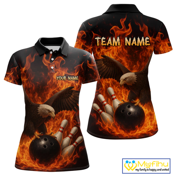 Flame Eagle Bowling Polo, Quarter Zip Shirts For Women Custom Eagle Bowling Team Jerseys NQS9972