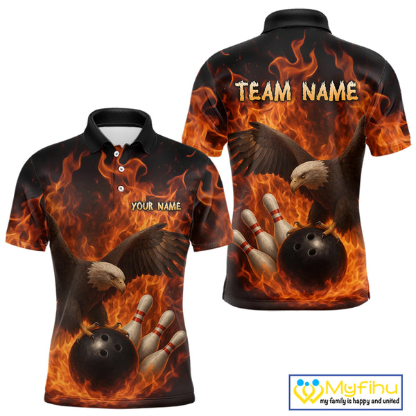 Flame Eagle Bowling Polo, Quarter Zip Shirts For Men Custom Eagle Bowling Team Jerseys NQS9972