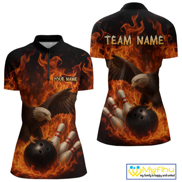 Flame Eagle Bowling Polo, Quarter Zip Shirts For Women Custom Eagle Bowling Team Jerseys NQS9972