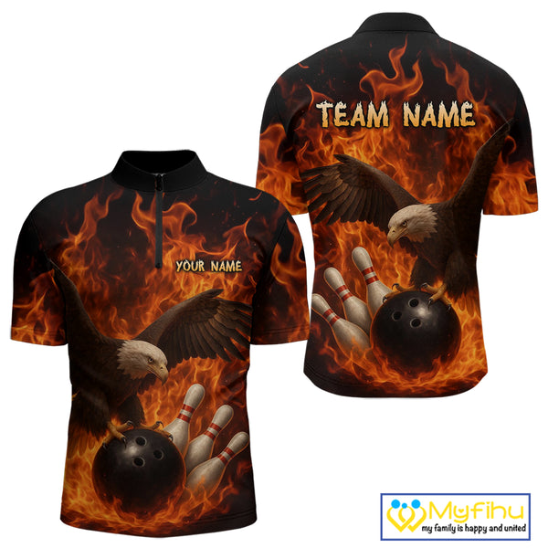 Flame Eagle Bowling Polo, Quarter Zip Shirts For Men Custom Eagle Bowling Team Jerseys NQS9972