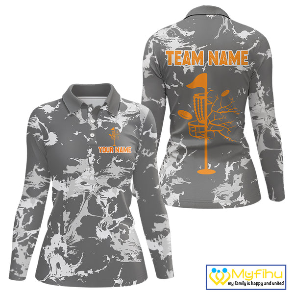 Gray Camo Orange Disc Golf basket Womens Disc golf polo shirt Custom team disc golf jerseys NQS9975