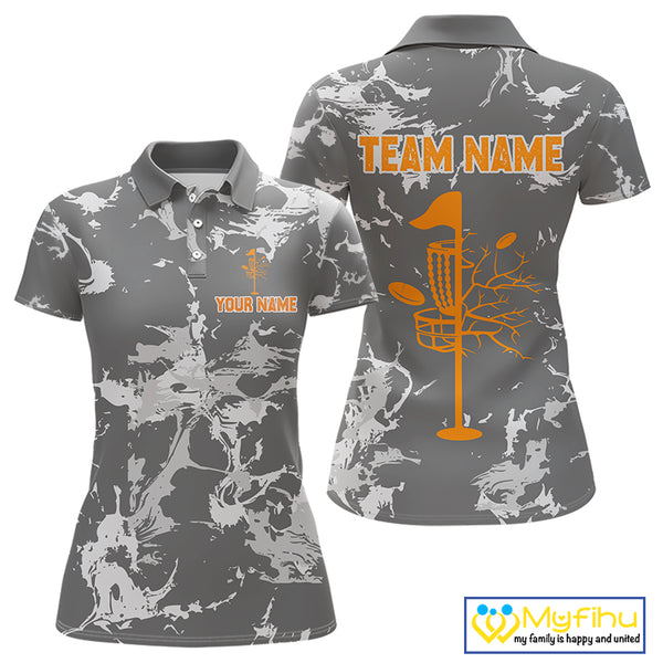 Gray Camo Orange Disc Golf basket Womens Disc golf polo shirt Custom team disc golf jerseys NQS9975