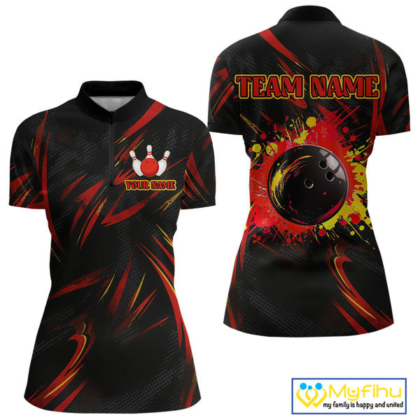 Black and Red Camo Womens Bowling Polo, Quarter Zip shirts custom Bowler Outfits bowling team jerseys NQS10155