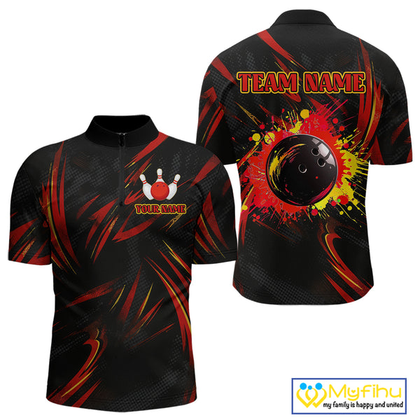 Black and Red Camo Mens Bowling Polo, Quarter Zip shirts custom Bowler Outfits bowling team jerseys NQS10155