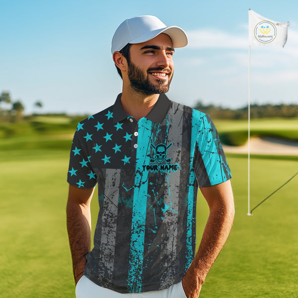 Custom Turquoise Grunge American Flag Patriotic Skull Golf Shirt For Men, Retro Mens Golf top NQS10481