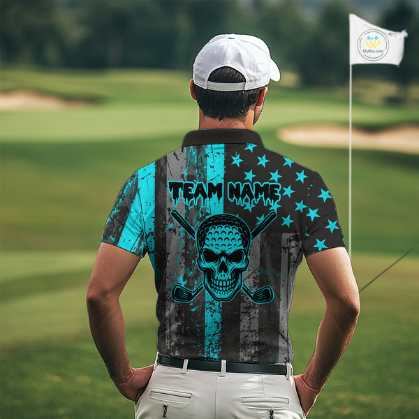 Custom Turquoise Grunge American Flag Patriotic Skull Golf Shirt For Men, Retro Mens Golf top NQS10481