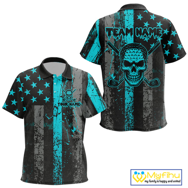 Custom Turquoise Grunge American Flag Patriotic Skull Golf Shirt For Kid, Retro Kid Golf top NQS10481
