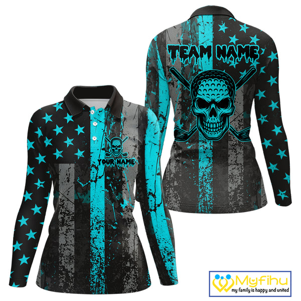 Custom Turquoise Grunge American Flag Patriotic Skull Golf Shirt For Women, Retro Ladies Golf top NQS10481