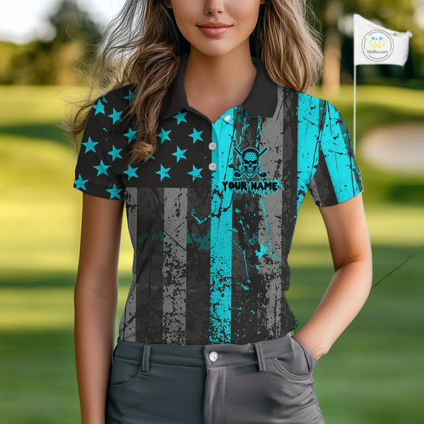 Custom Turquoise Grunge American Flag Patriotic Skull Golf Shirt For Women, Retro Ladies Golf top NQS10481
