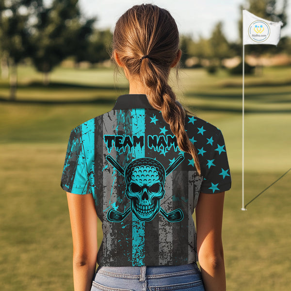 Custom Turquoise Grunge American Flag Patriotic Skull Golf Shirt For Women, Retro Ladies Golf top NQS10481