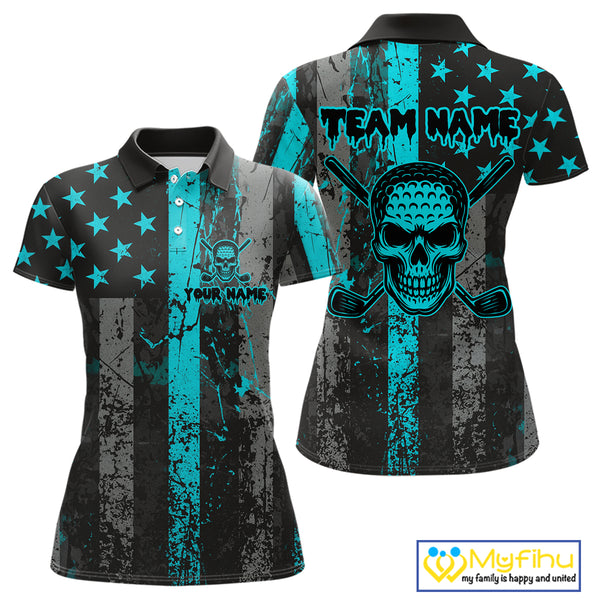 Custom Turquoise Grunge American Flag Patriotic Skull Golf Shirt For Women, Retro Ladies Golf top NQS10481