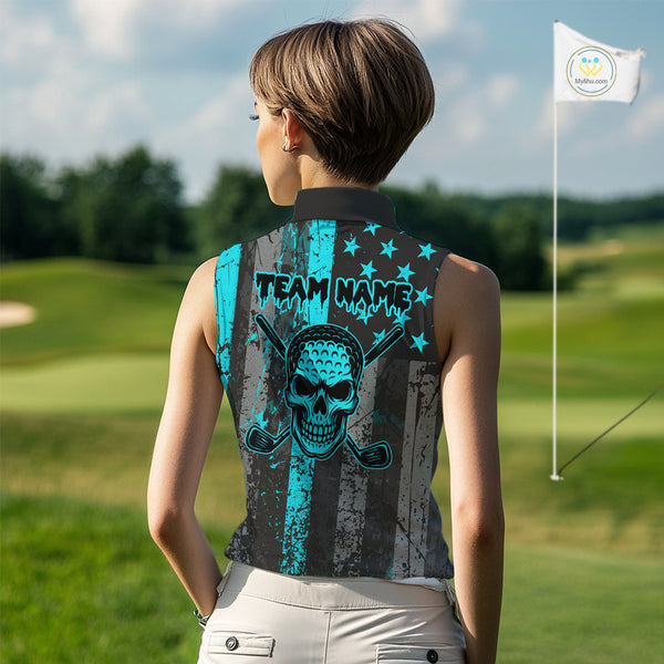 Custom Turquoise Grunge American Flag Patriotic Skull Sleeveless Golf Polo Shirt, Retro Golf top NQS10481