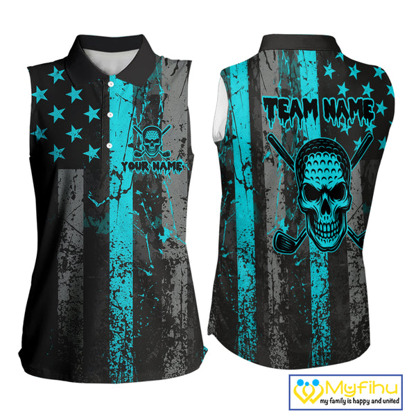 Custom Turquoise Grunge American Flag Patriotic Skull Sleeveless Golf Polo Shirt, Retro Golf top NQS10481