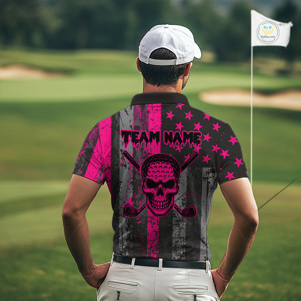 Custom Pink Grunge American Flag Patriotic Skull Golf Shirt For Men, Retro Mens Golf top NQS10482