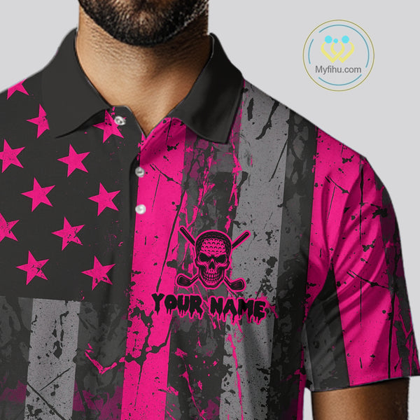 Custom Pink Grunge American Flag Patriotic Skull Golf Shirt For Men, Retro Mens Golf top NQS10482