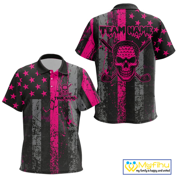 Custom Pink Grunge American Flag Patriotic Skull Golf Shirt For Kid, Retro Kid Golf top NQS10482
