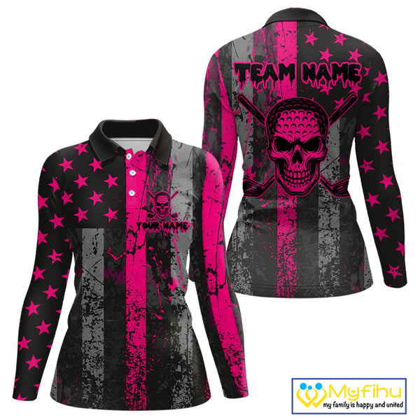 Custom Pink Grunge American Flag Patriotic Skull Golf Shirt For Women, Retro Ladies Golf top NQS10482