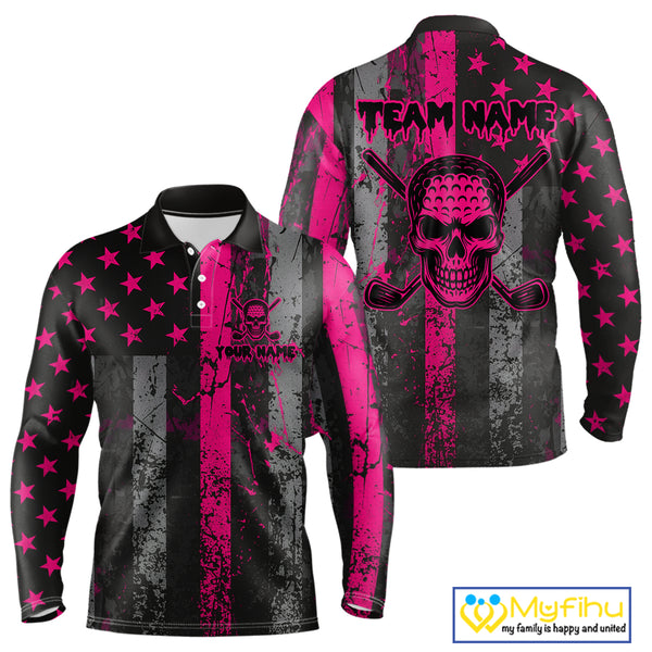 Custom Pink Grunge American Flag Patriotic Skull Golf Shirt For Men, Retro Mens Golf top NQS10482