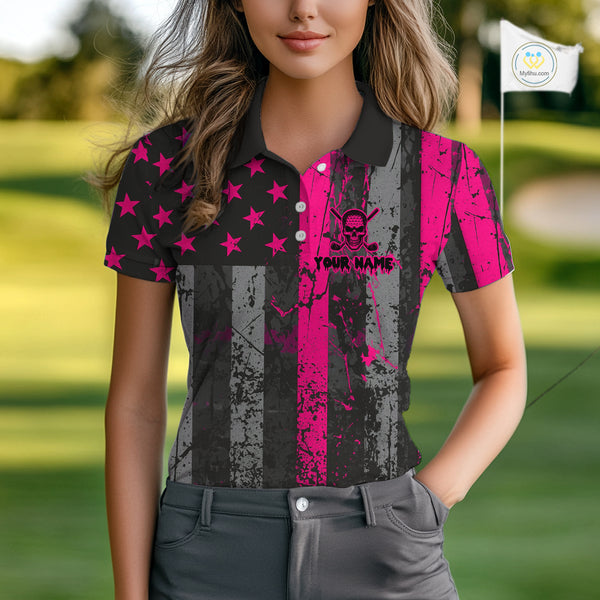 Custom Pink Grunge American Flag Patriotic Skull Golf Shirt For Women, Retro Ladies Golf top NQS10482