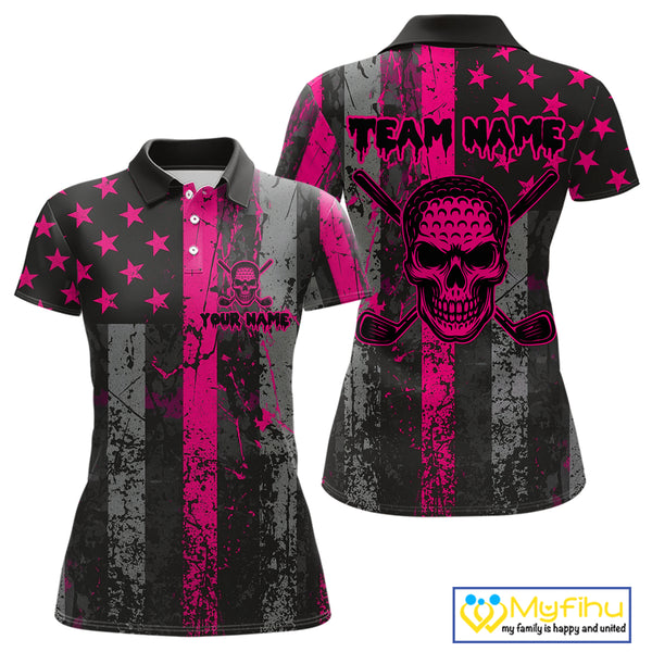 Custom Pink Grunge American Flag Patriotic Skull Golf Shirt For Women, Retro Ladies Golf top NQS10482
