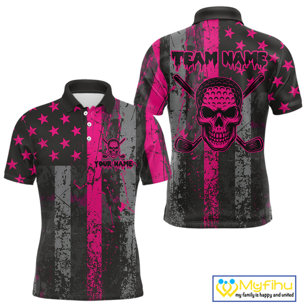 Custom Pink Grunge American Flag Patriotic Skull Golf Shirt For Men, Retro Mens Golf top NQS10482